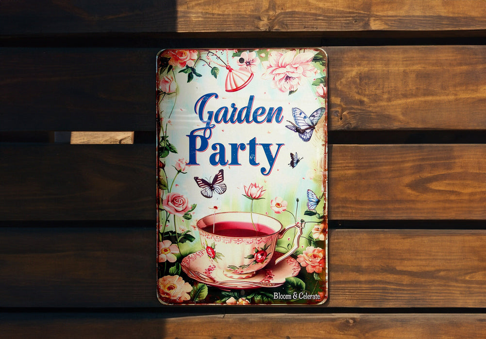 a sign that says garden party on it
