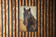 a picture of a horse on a wooden wall