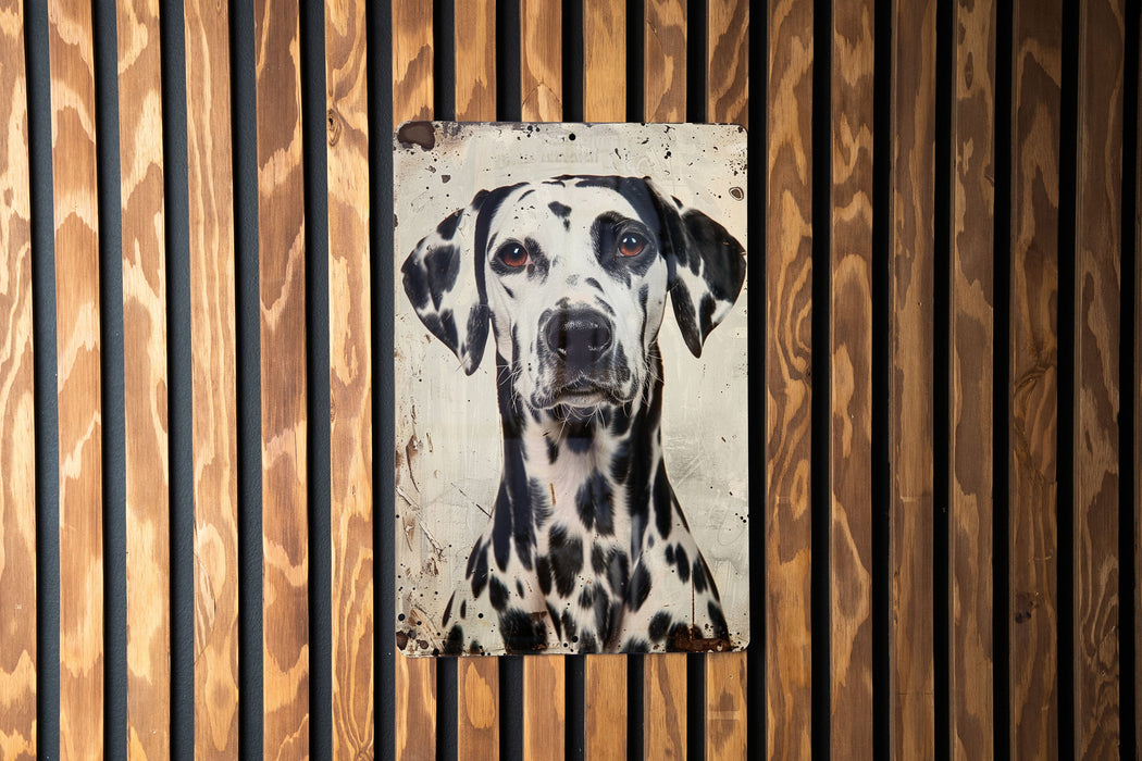 a picture of a dalmatian on a wooden wall