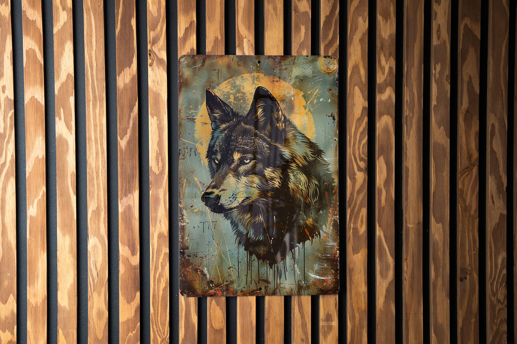 a painting of a wolf on a wooden wall