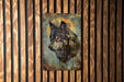 a painting of a wolf on a wooden wall