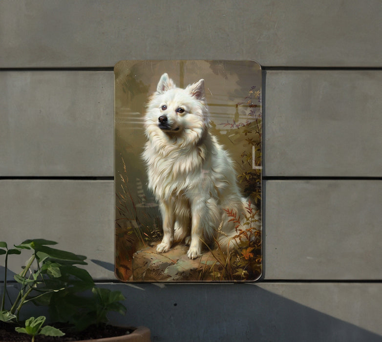 a painting of a white dog on a wall