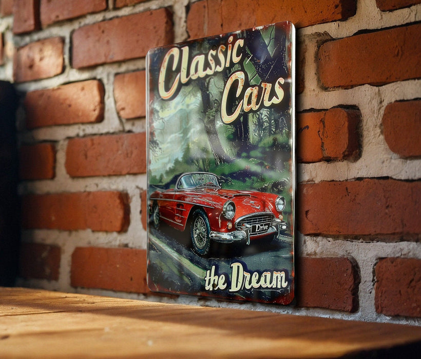 a picture of a classic car on a brick wall