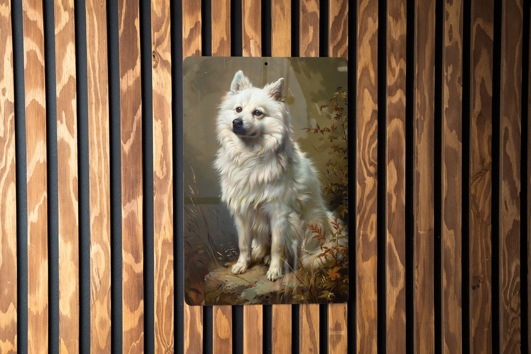 a painting of a white dog on a wooden wall