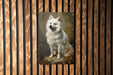 a painting of a white dog on a wooden wall