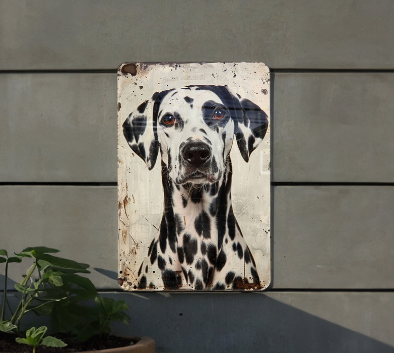 a dalmatian dog painted on a metal sign