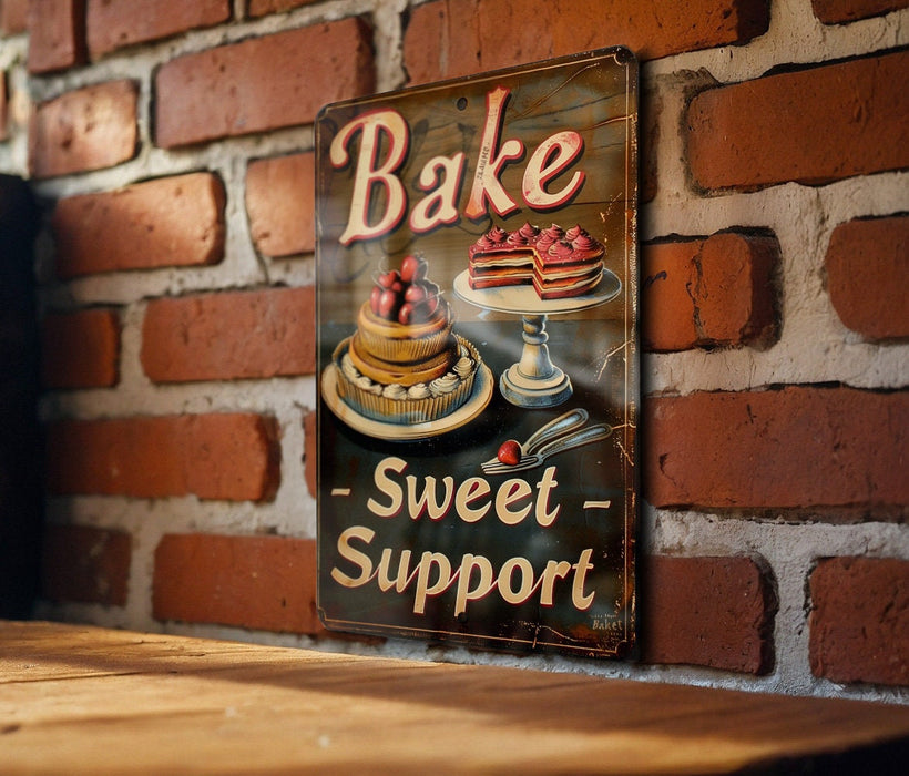 a sign on a brick wall that says bake sweet support