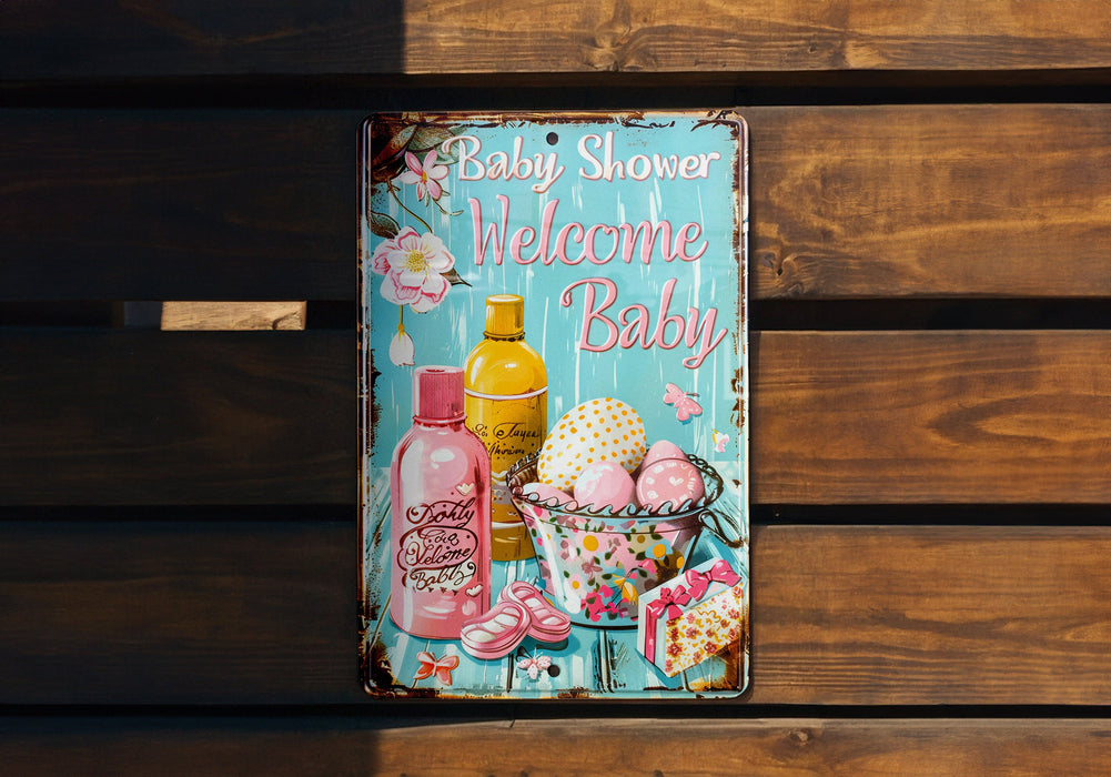 a baby shower sign on a wooden bench