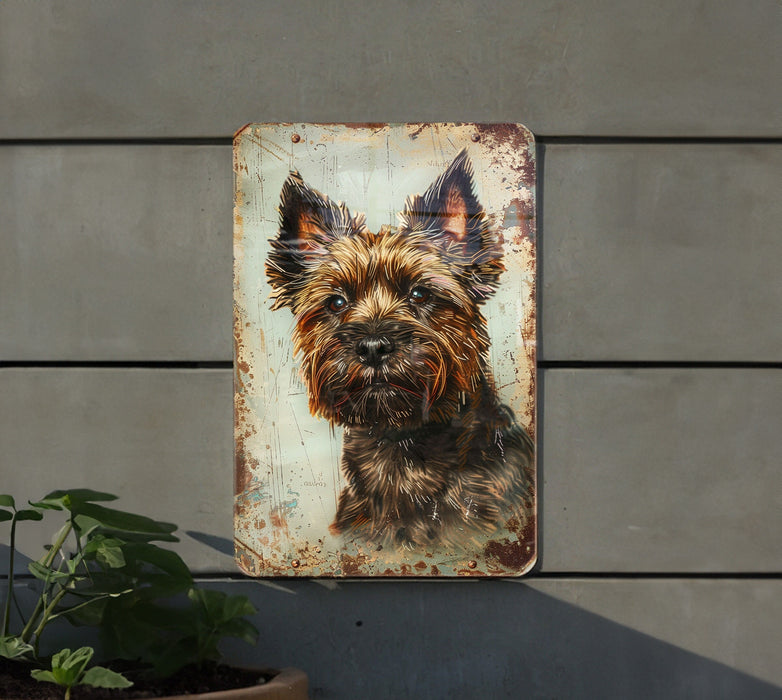 a picture of a dog on a rusted metal sign