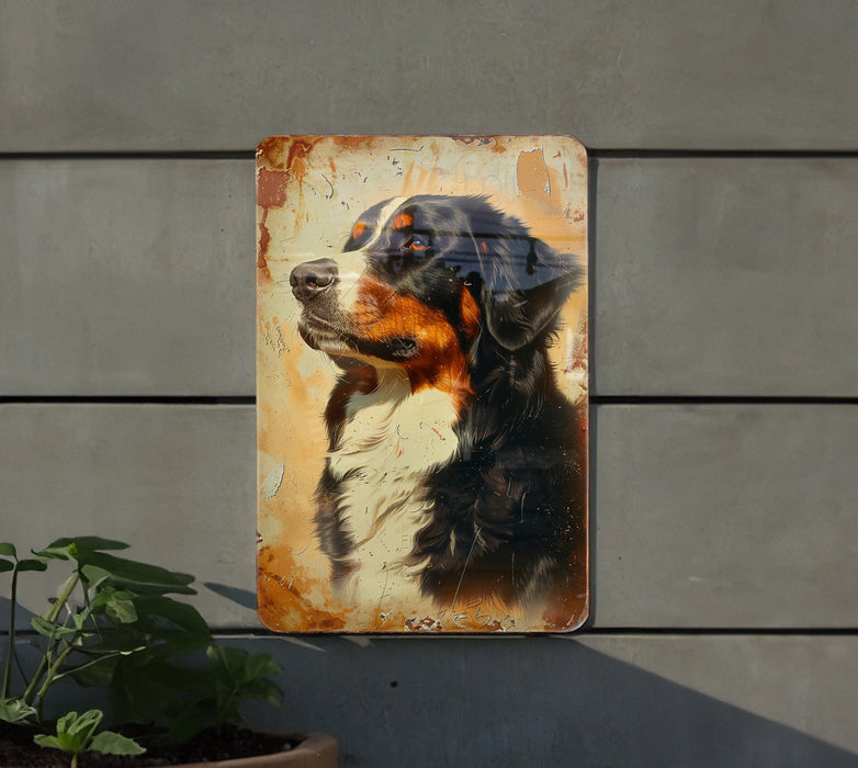 a picture of a dog on a rusted metal sign
