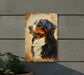 a picture of a dog on a rusted metal sign