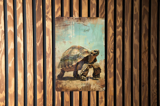 a painting of a turtle on a wooden wall
