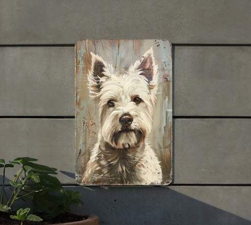 a painting of a white dog on a wall