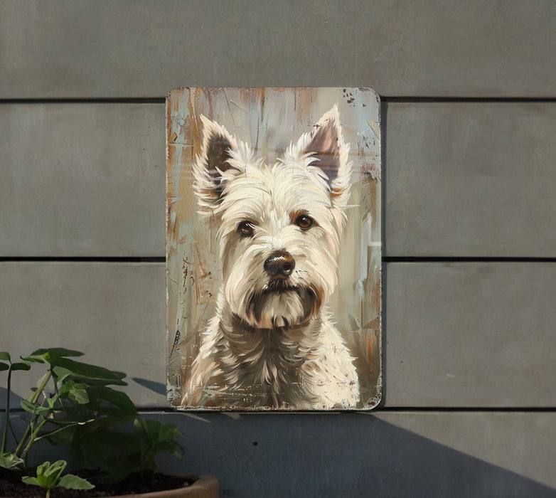 a painting of a white dog on a wall