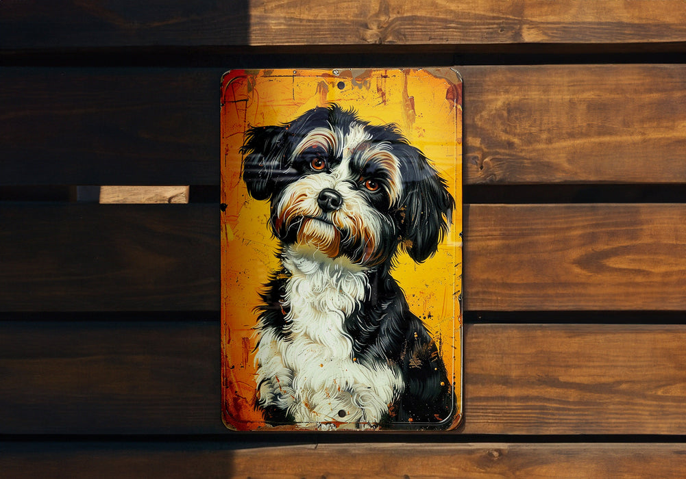a painting of a black and white dog on a yellow sign