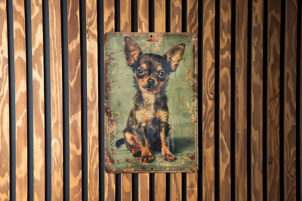 a picture of a small dog on a wooden wall