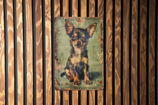 a picture of a small dog on a wooden wall
