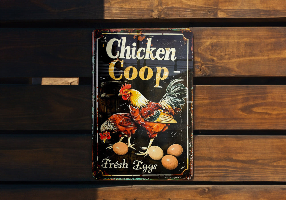a chicken coop sign hanging on a wooden wall
