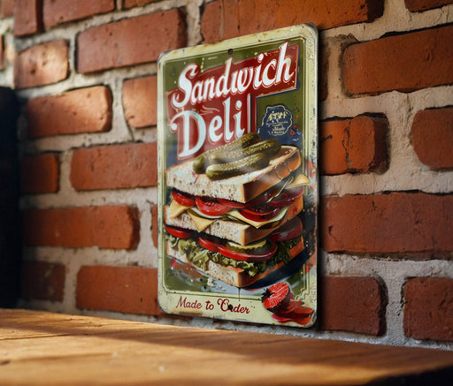 a poster of sandwiches on a brick wall