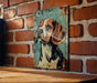 a painting of a dog on a brick wall