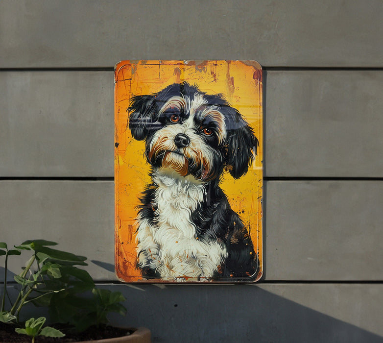 a painting of a black and white dog on a yellow background