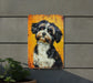 a painting of a black and white dog on a yellow background