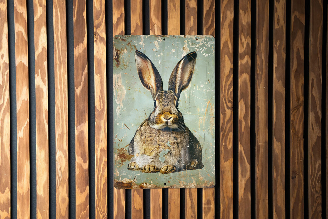 a metal sign with a picture of a rabbit on it