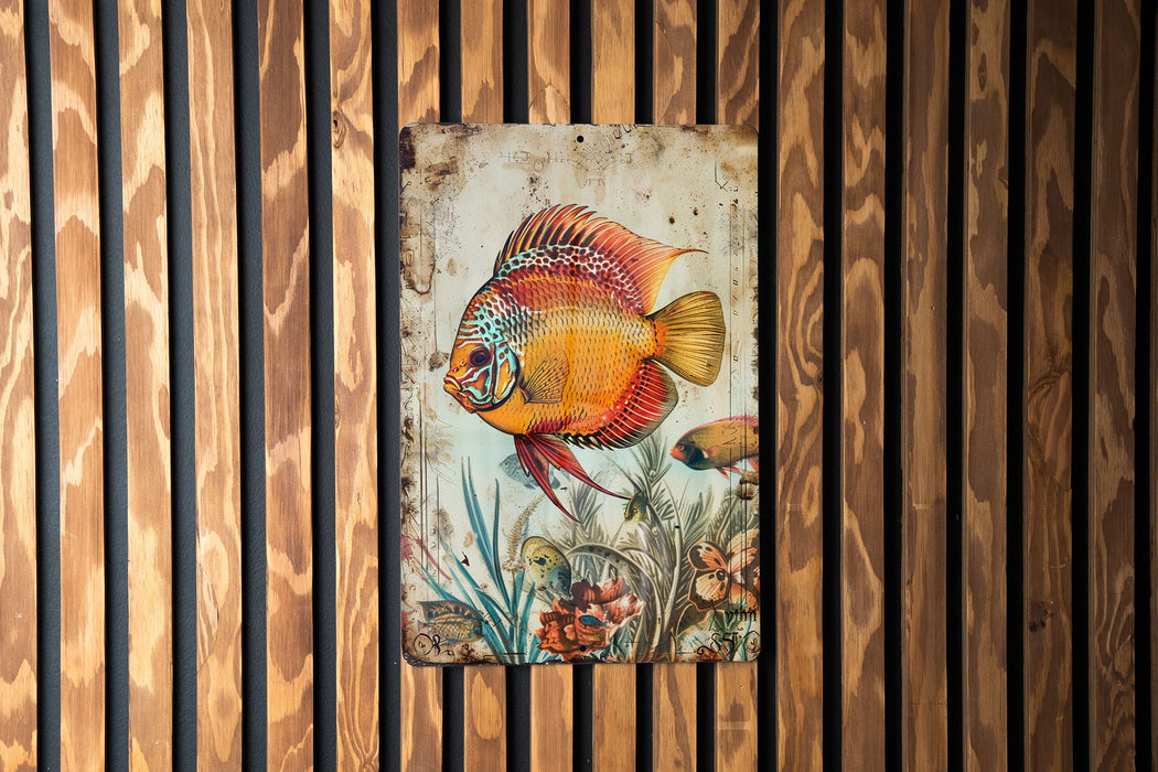 a painting of a fish on a wooden wall