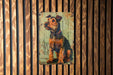 a painting of a dog on a wooden wall