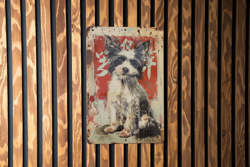 a picture of a dog on a wooden wall