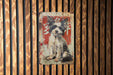 a picture of a dog on a wooden wall