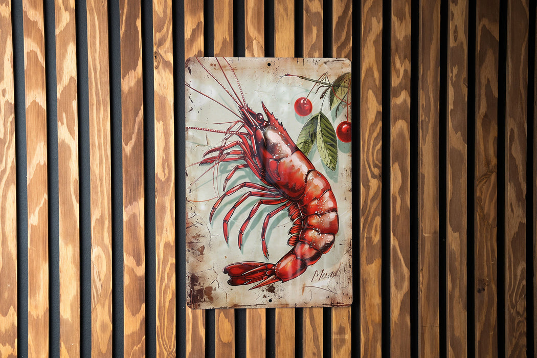 a painting of a lobster on a wooden wall