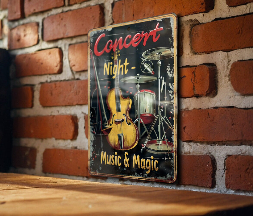 a sign on a brick wall that says concert night music and magic