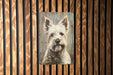 a painting of a dog on a wooden wall