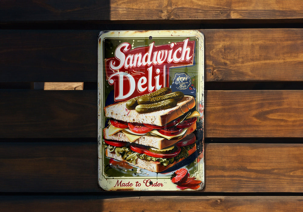 a sandwich deli tin sitting on top of a wooden bench