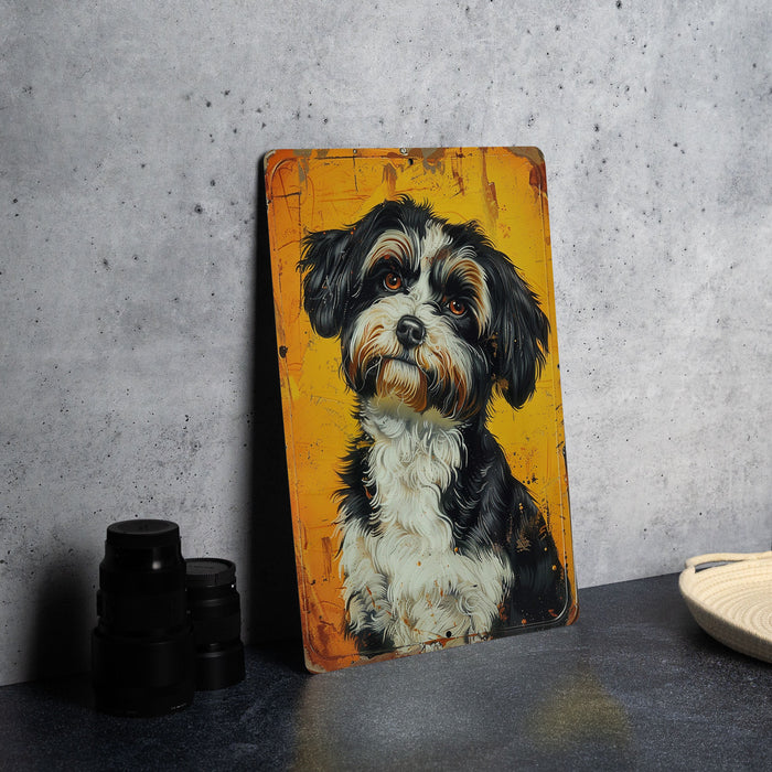 a painting of a black and white dog on a yellow background