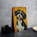 a painting of a black and white dog on a yellow background