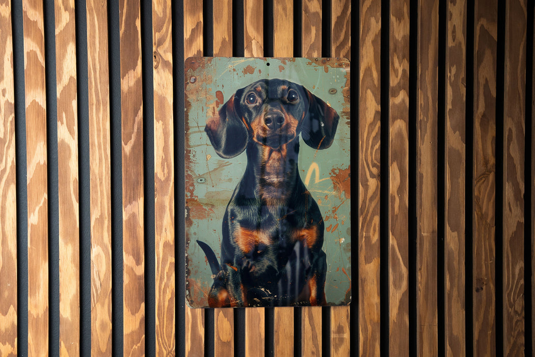 a painting of a dog on a wooden wall