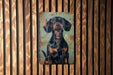 a painting of a dog on a wooden wall
