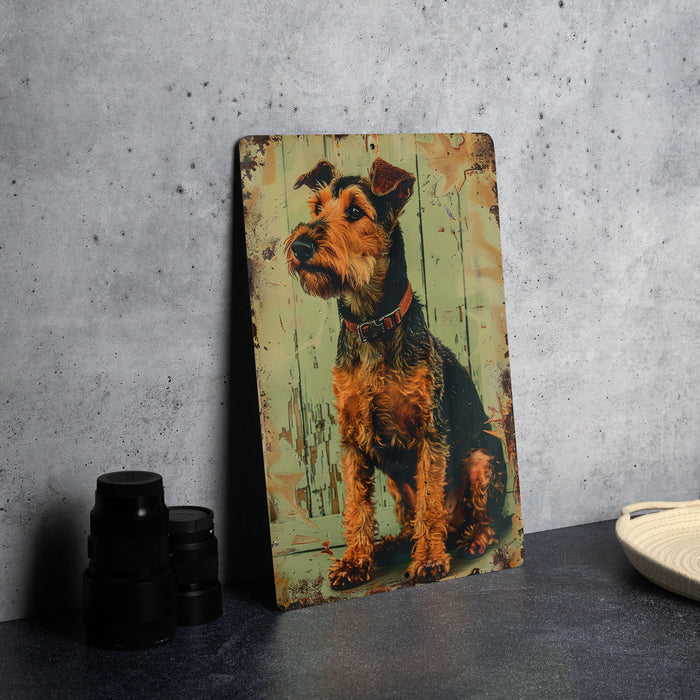 a painting of a dog on a wooden panel