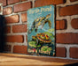 a picture of a turtle pond on a brick wall