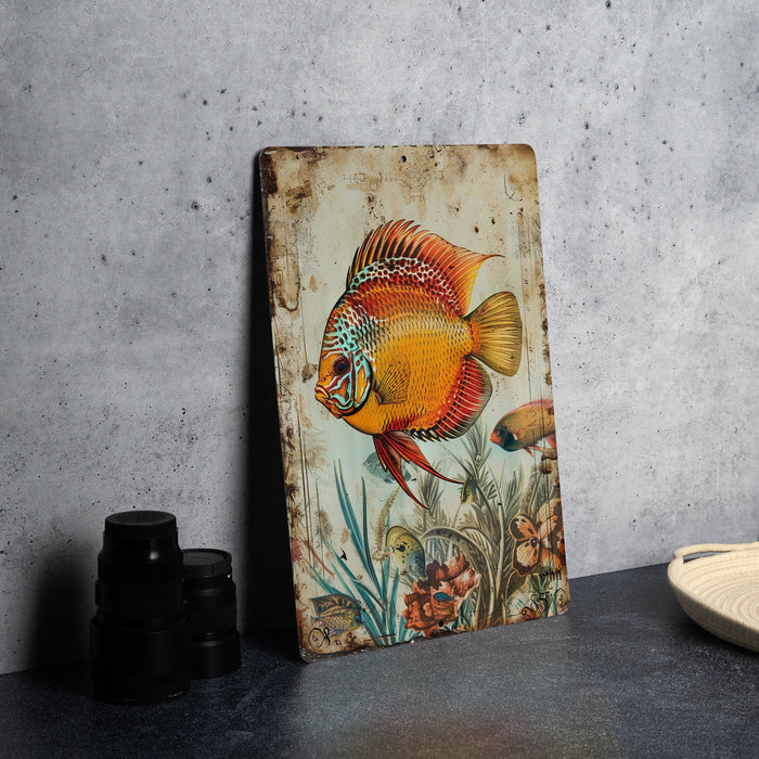 a painting of a fish on a wall next to a plate