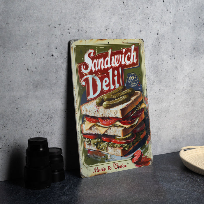 a sandwich deli sign sitting on top of a table