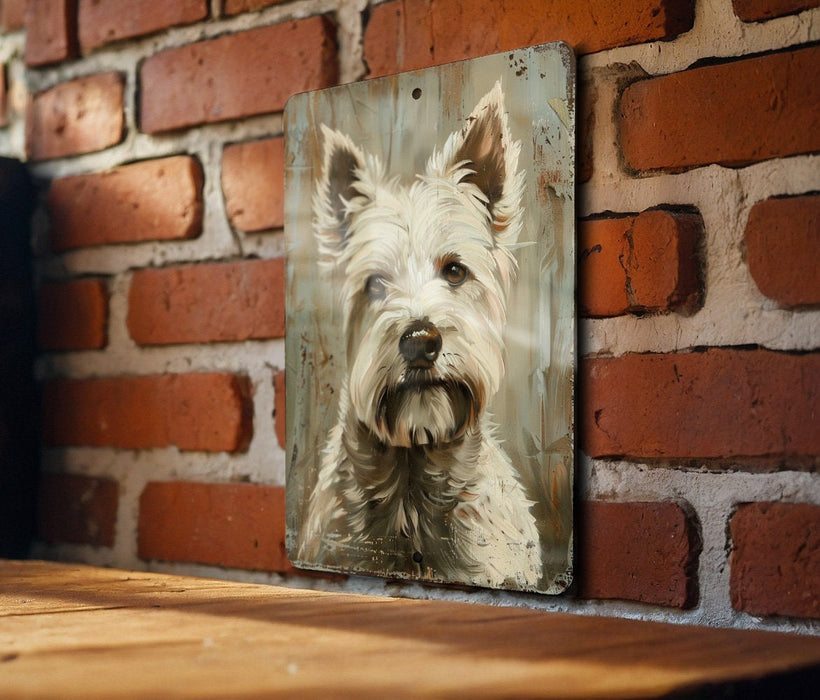a painting of a white dog on a brick wall