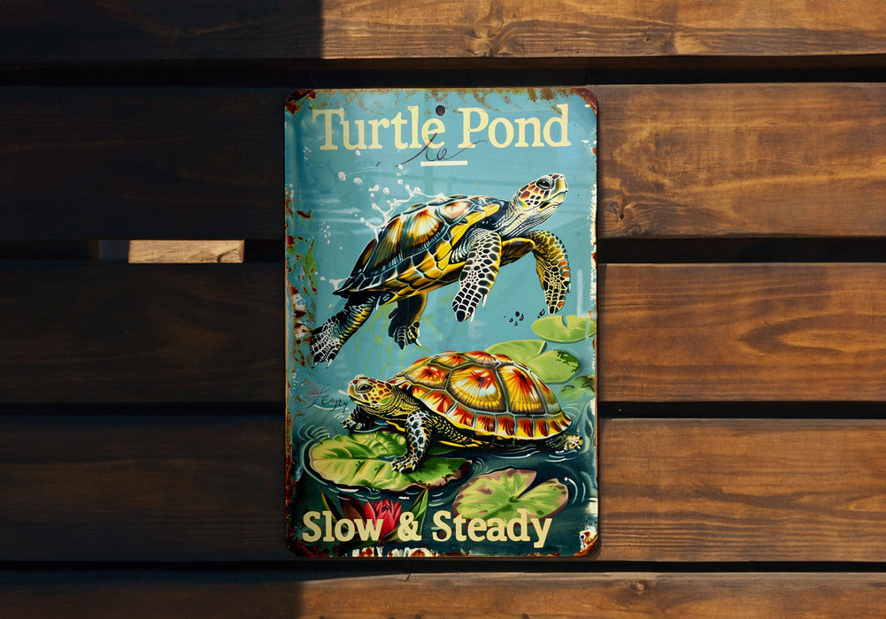a picture of a turtle pond book on a bench