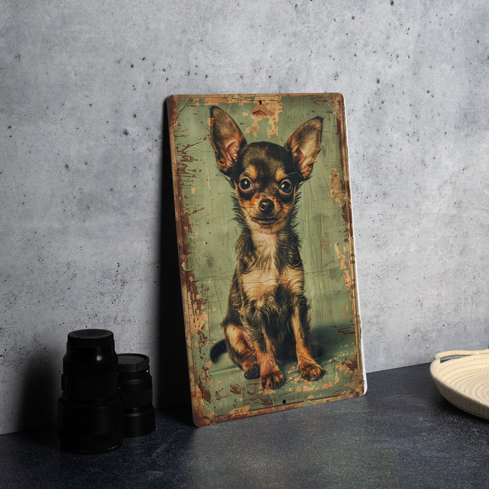 a picture of a small dog sitting on a table