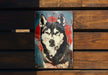 a picture of a dog on a wooden bench