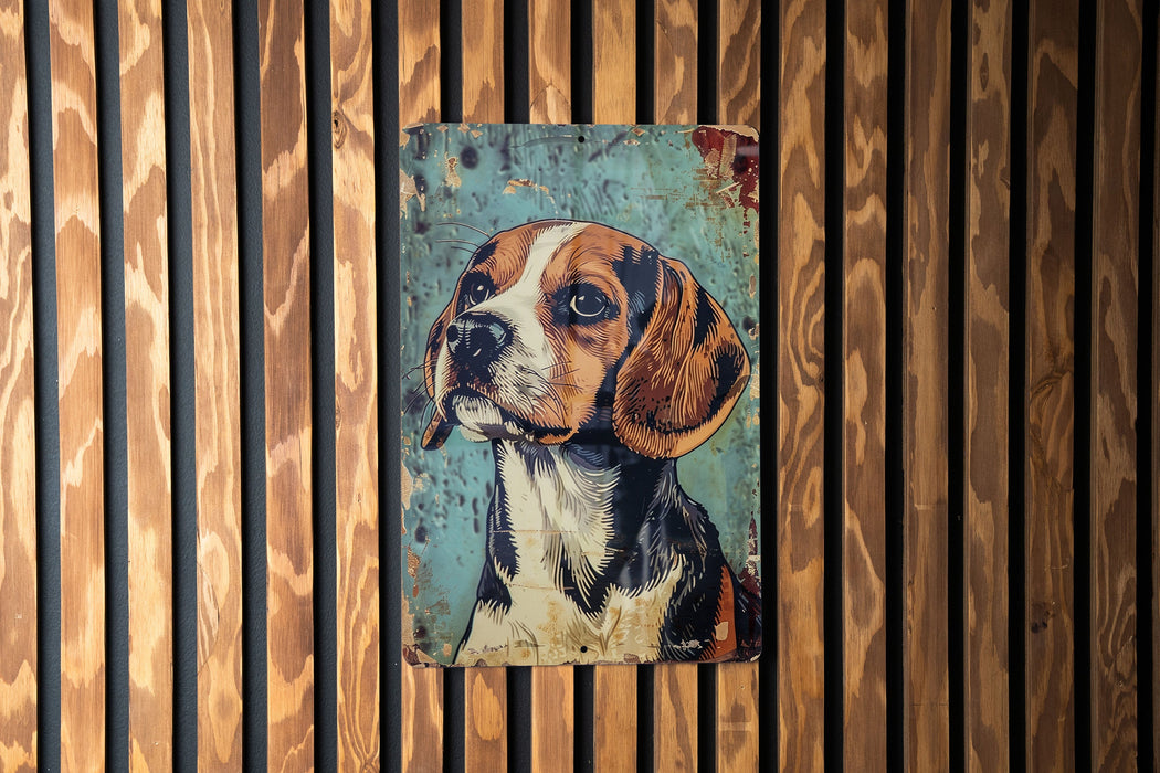 a painting of a dog on a wooden wall