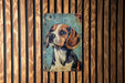 a painting of a dog on a wooden wall
