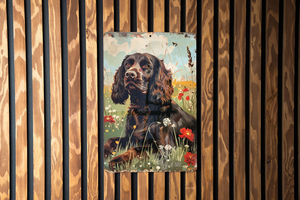 a painting of a dog on a wooden wall